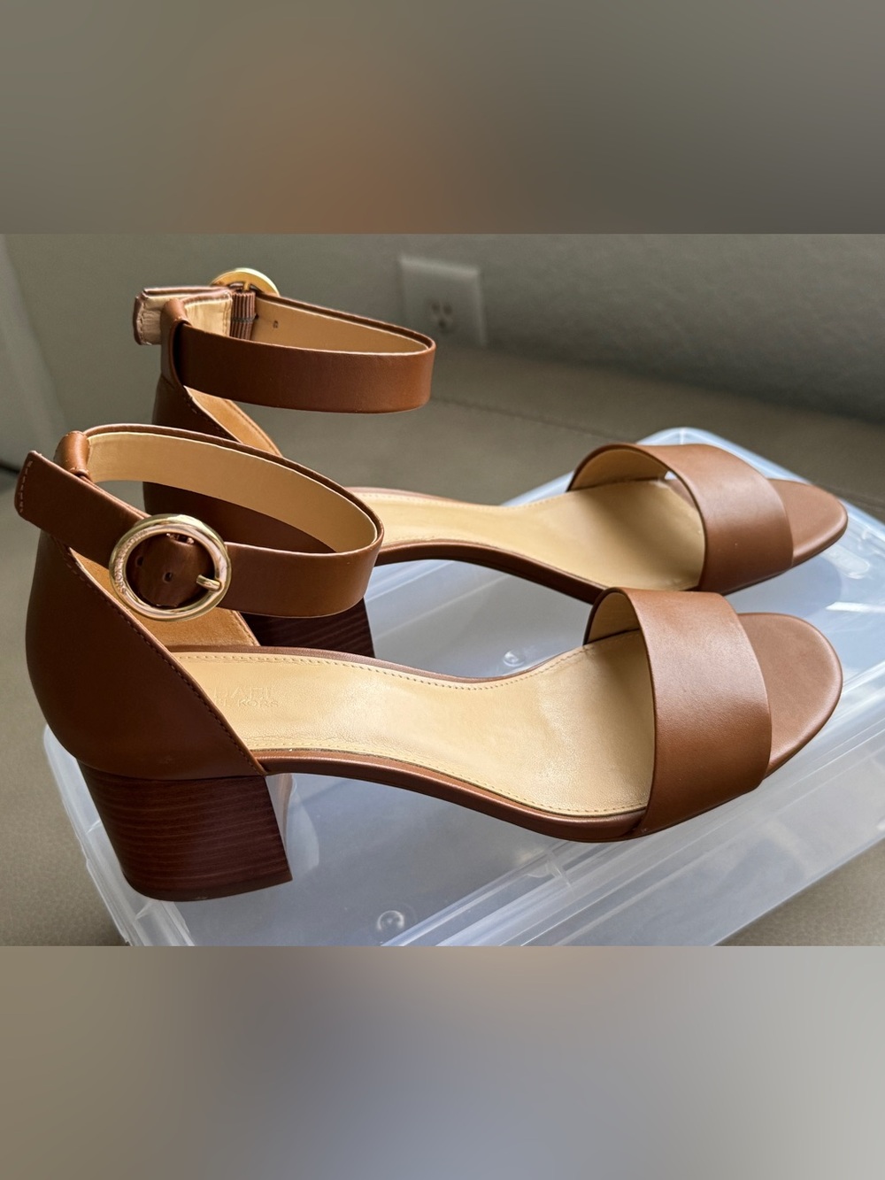 Michael Kors Tan Leather Block Heel Sandals with Ankle Buckle; NEW